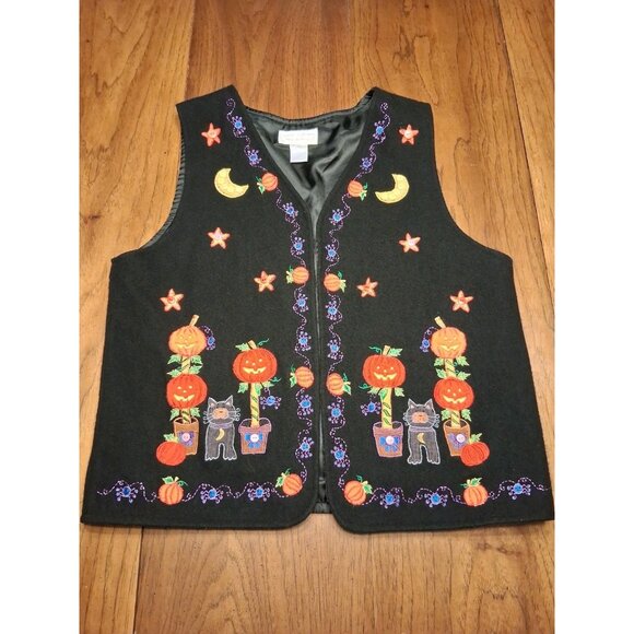 Casey Coleman Wool Vest XL Embroidered Appliqued Buttons Halloween Teachercore - Picture 1 of 12